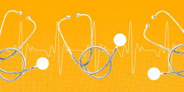 Several stethoscopes against an EKG line, on a yellow background.