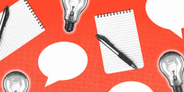 Light bulbs, note pads and pens, and speech bubbles repeated in a pattern against a red background.