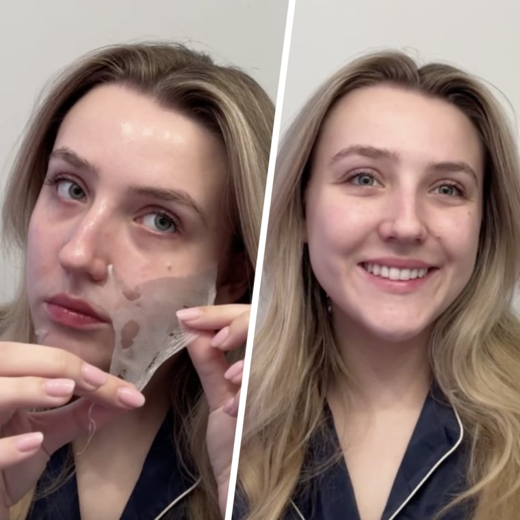 After a night of wear, commerce partnerships coordinator Aidan Bradley peels off the Medicube Collagen Overnight Wrapping Peel Off Mask to reveal glowing skin.